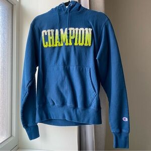 Champion Reverse Weave Embroidered Fleece Hoodie Terry Sweatshirt Neo Green Blue